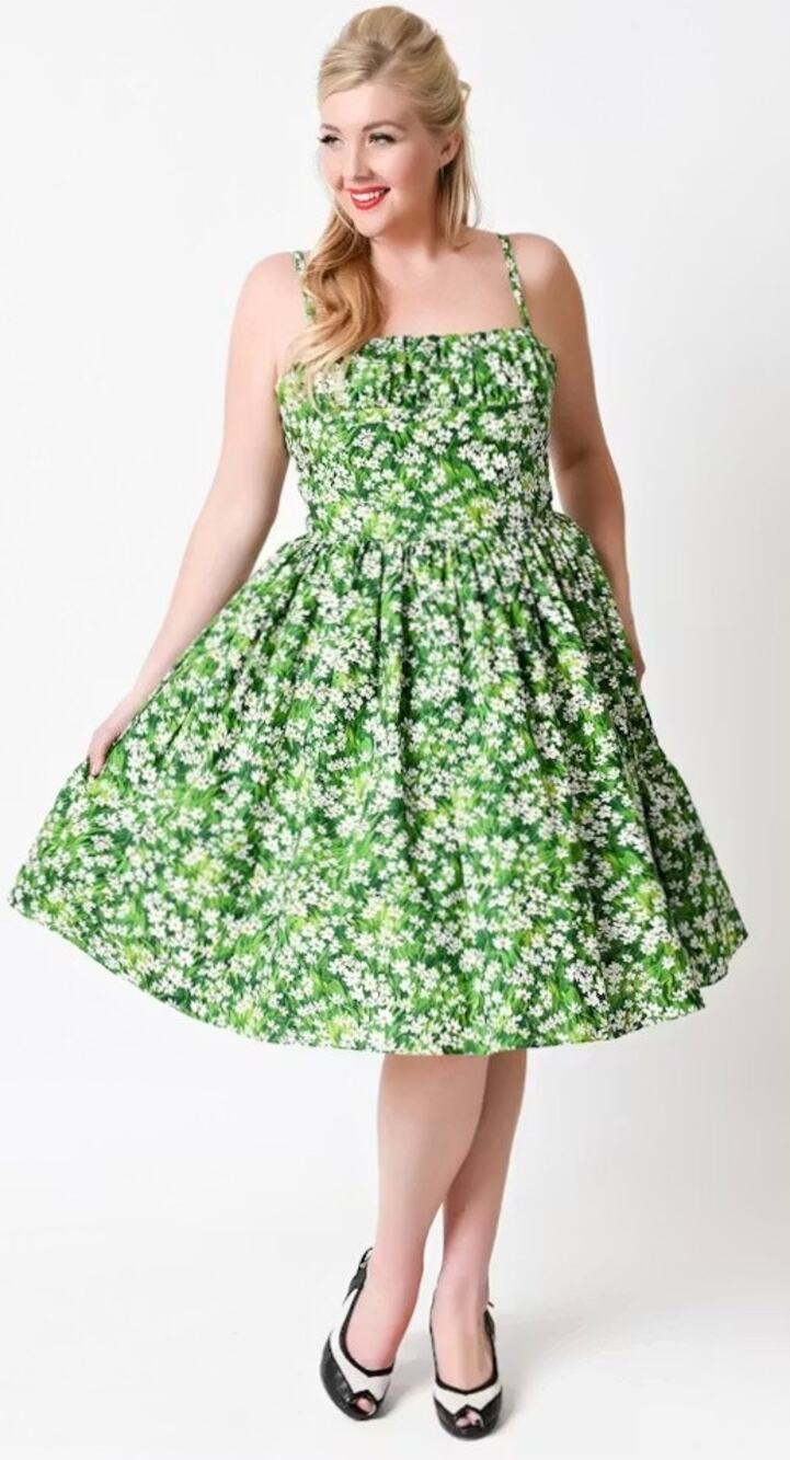Vintage Bernie Dexter Paris Dress Green Floral Meadow Pinup Swing Rockabilly XL